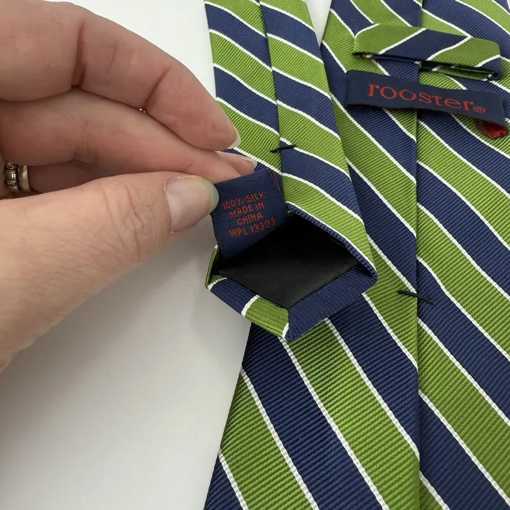 Rooster 100% Silk Repp Tie Green Blue Stripes 3.5